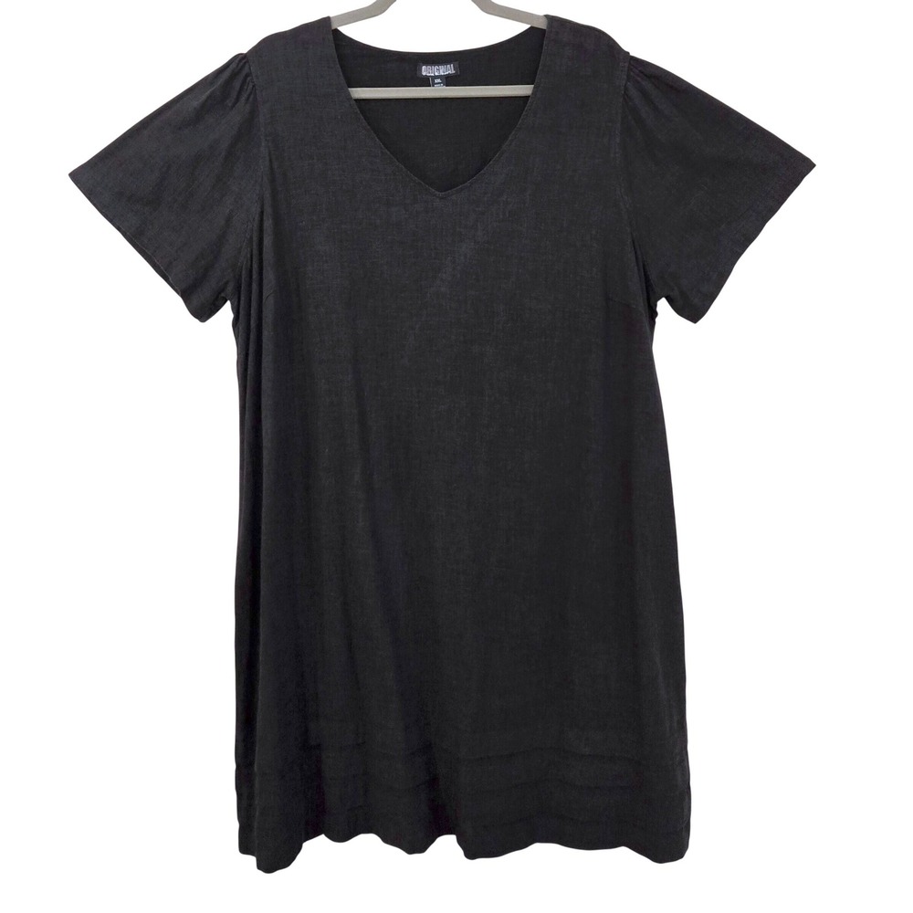 Nicole Miller Original Black Linen Blend V-Neck Pin‎ Tuck Hem Shift Dress XXL